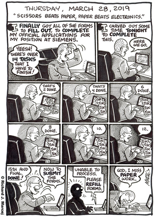 Daily Comic Journal: March 28, 2019: “Scissors Beats Paper, Paper Beats Electronics.”