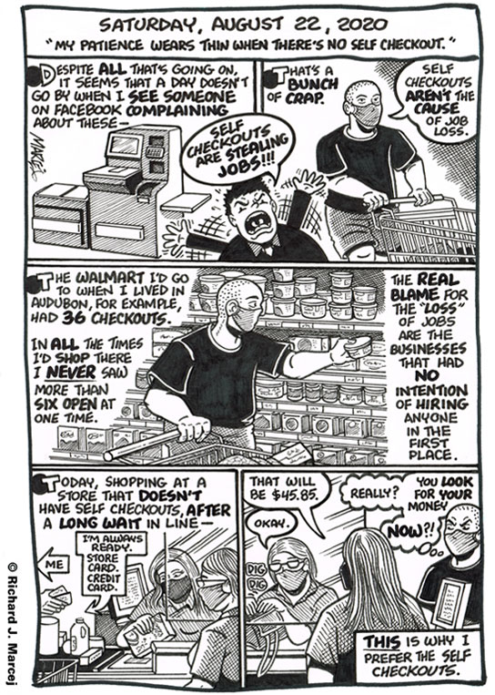 Daily Comic Journal: August 22, 2020: “My Patience Wears Thin When There’s No Self Checkout.”